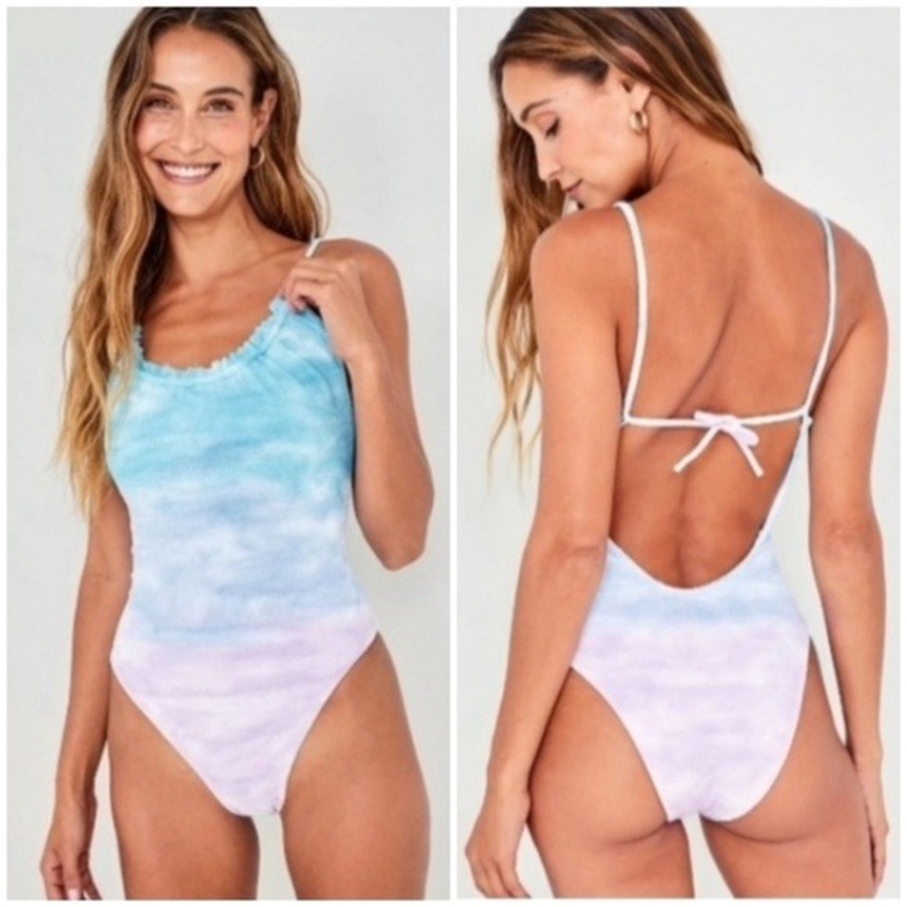 Bella Dahl One Piece Swimsuit M Blue Ombre Tie Dye Ruffle Neck Open Back Smocked